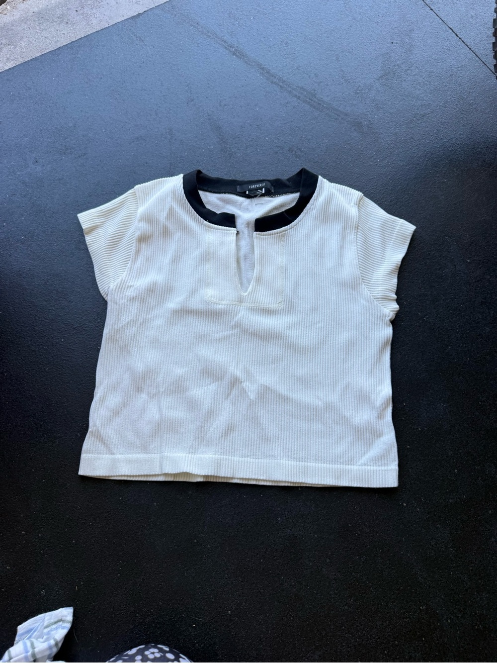 Girls' Cream Short-Sleeve Ribbed Top with Black Trim